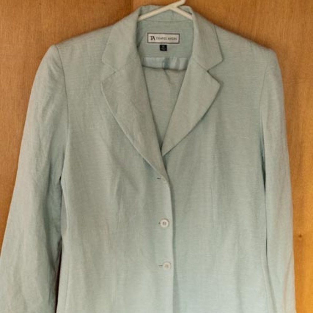 Travis Ayers Seafoam Blue Textured Silk Linen Blend Poly Lined Pant Suit wmn 14